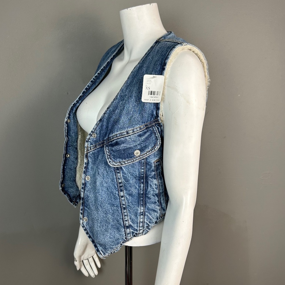 We The Free Denim Sherpa Vest XS‎ Blue Jacket utility chore western workwear NWT